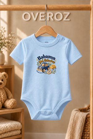 Baba Yazılı Bebek Zıbın Oyuncak Araba Baskılı Mavi Kısa Kollu Çıtçıtlı Body 6098