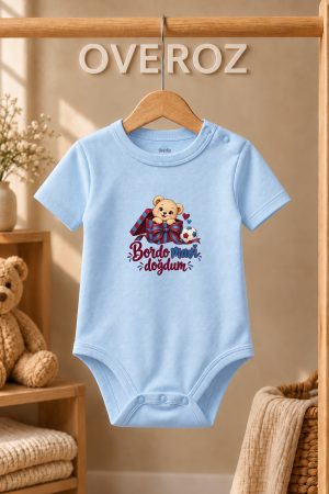Bordo Mavi Doğdum Yazılı Bebek Zıbın Ayıcık Baskılı Mavi Kısa Kollu Body 6104