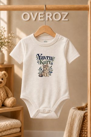 Yavru Kurt Yazılı Bebek Zıbın Kurt Baskılı Ekru Kısa Kollu Body 6105