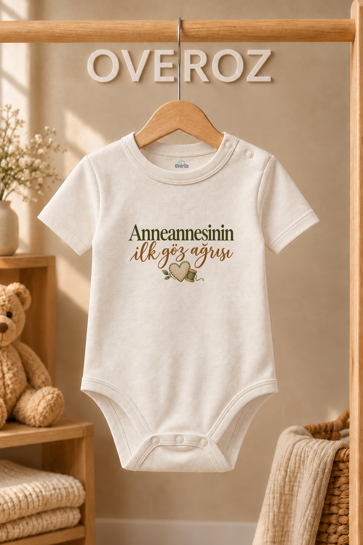 Anneanne Yazılı Bebek Zıbın Örgü Kalp Baskılı Ekru Kısa Kollu Body 6112