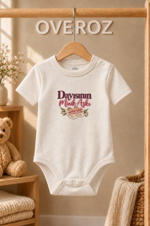 Dayı Yazılı Bebek Zıbın Çiçekli Patik Baskılı Ekru Kısa Kollu Body 6121