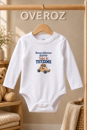 Teyze Yazılı Bebek Zıbın Ahşap Araba Baskılı Beyaz Uzun Kollu Body 6127