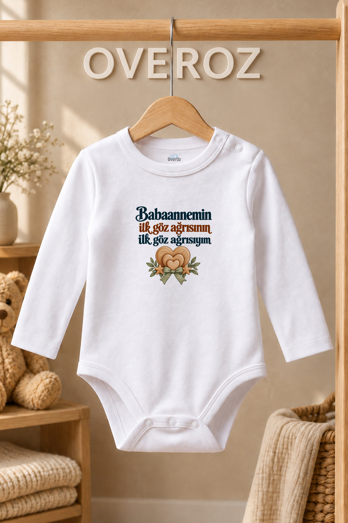 Babaanne Yazılı Bebek Zıbın Ahşap Kalpler Baskılı Beyaz Uzun Kollu Body 6133