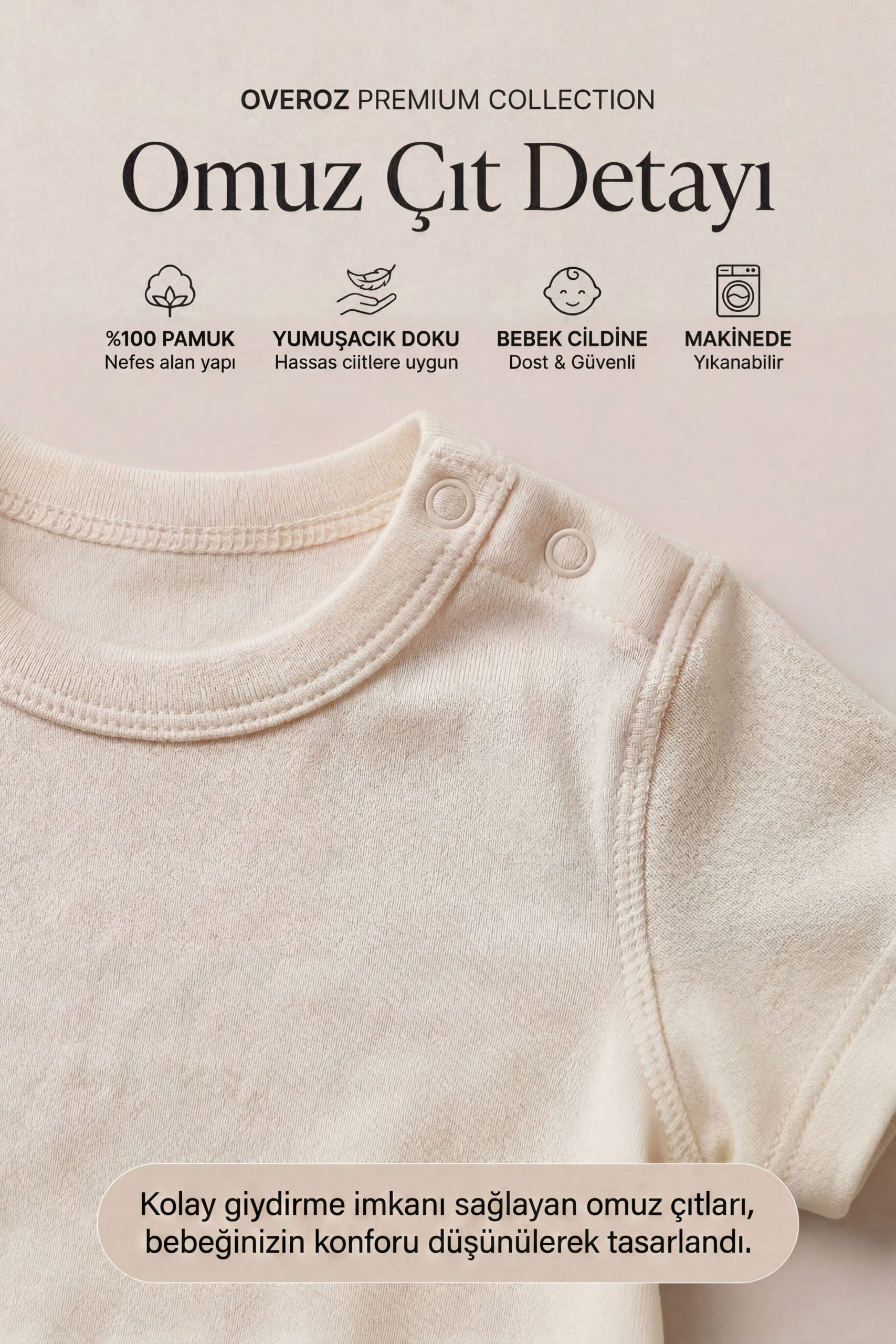 3'lü Ekru Kısa Kollu Bebek Body Zıbın Kız Erkek Bebek Çıtçıtlı Badi Tulum Üçlü Body Set - Görsel 2