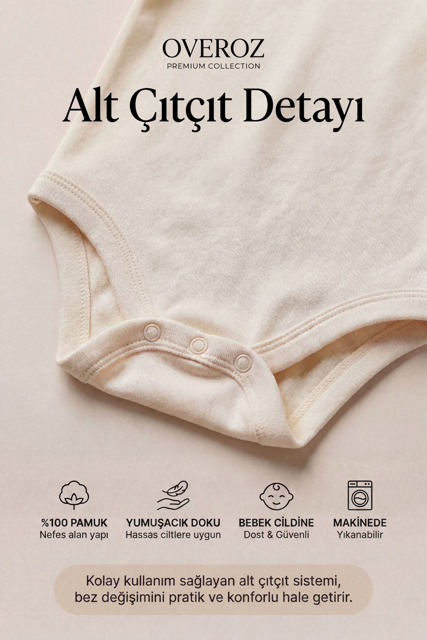 3'lü Ekru Kısa Kollu Bebek Body Zıbın Kız Erkek Bebek Çıtçıtlı Badi Tulum Üçlü Body Set - Görsel 3